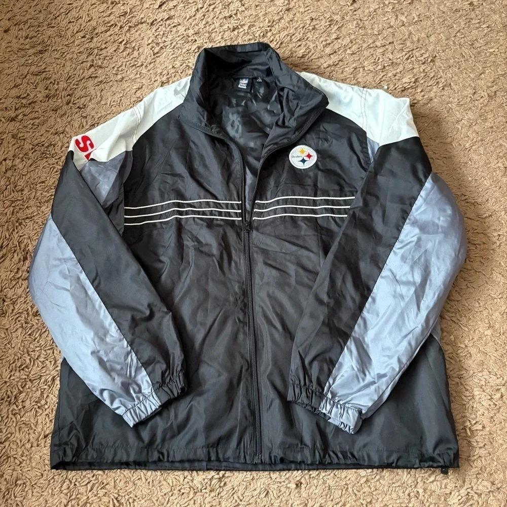 Vintage Reebok Pittsburgh Steelers Windbreaker Jacket Mens Large Black Full Zip